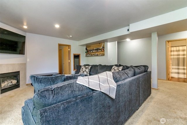 15205 197th St E, Orting, WA 98360 - living area featuring light carpet, a fireplace, and recessed lighting