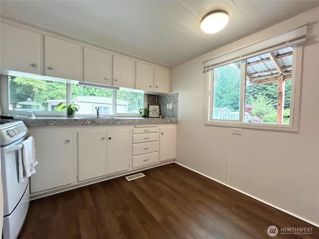105 E Cox Ave Unit 13, Arlington, WA 98223 - kitchen featuring white gas range, dark wood-type flooring, and white cabinets