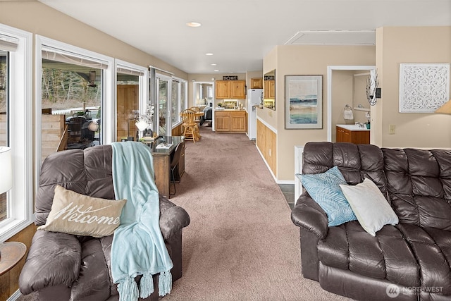 53802 State Route 2, Gold Bar, WA 98251 - living area featuring light colored carpet, recessed lighting, and attic access
