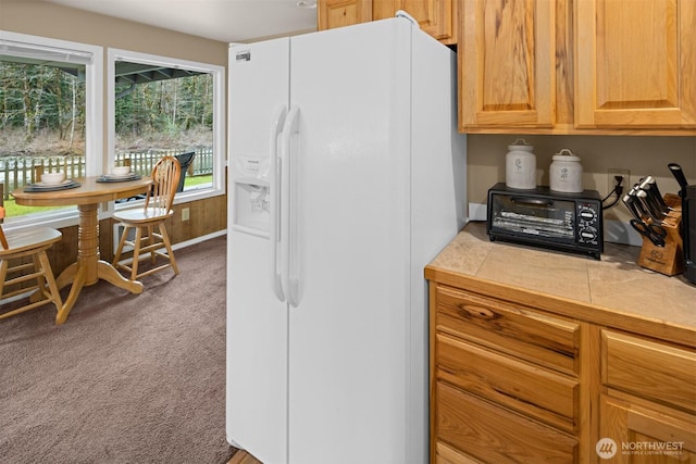53802 State Route 2, Gold Bar, WA 98251 - kitchen with white refrigerator with ice dispenser, carpet, and tile countertops
