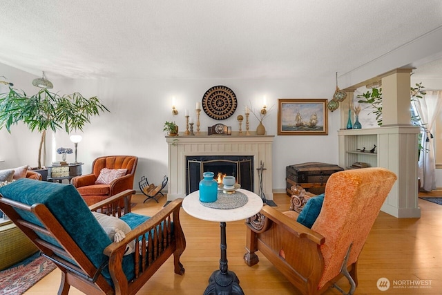 2914 N 15th St, Tacoma, WA 98406 - living area with light wood-style flooring, a fireplace, and a textured ceiling