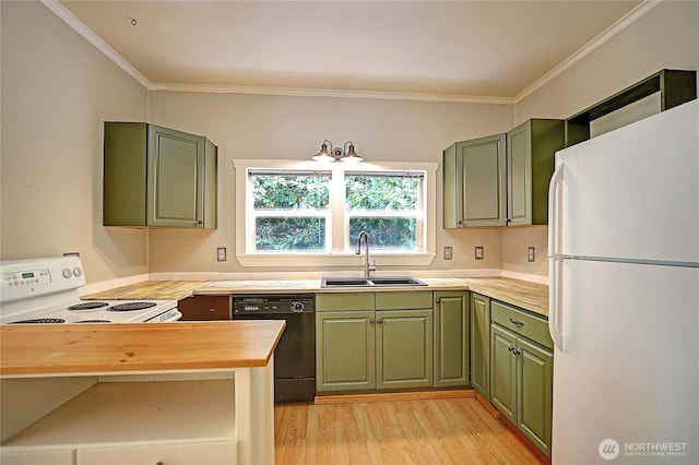522 Chapman Rd, Camano Island, WA 98282 - kitchen with white appliances, green cabinetry, butcher block countertops, and crown molding