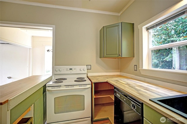 522 Chapman Rd, Camano Island, WA 98282 - kitchen featuring electric range, butcher block counters, green cabinetry, dishwasher, and ornamental molding
