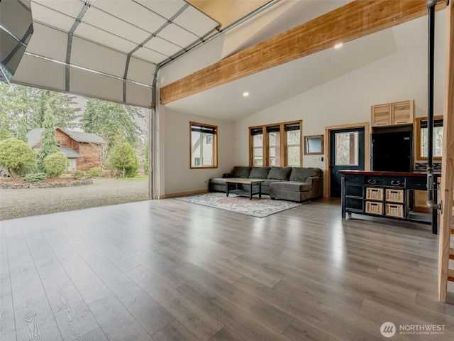291 Hadaller Rd, Mossyrock, WA 98564 - living area with wood finished floors, high vaulted ceiling, and recessed lighting