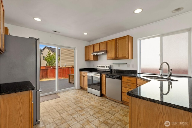 331 Index Ave SE, Renton, WA 98056 - kitchen featuring stainless steel appliances, under cabinet range hood, brown cabinetry, recessed lighting, and light stone finish flooring