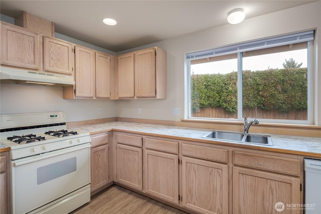 21312 87th Ave NE Unit 1 & 2, Arlington, WA 98223 - kitchen featuring white appliances, under cabinet range hood, light brown cabinets, light countertops, and recessed lighting