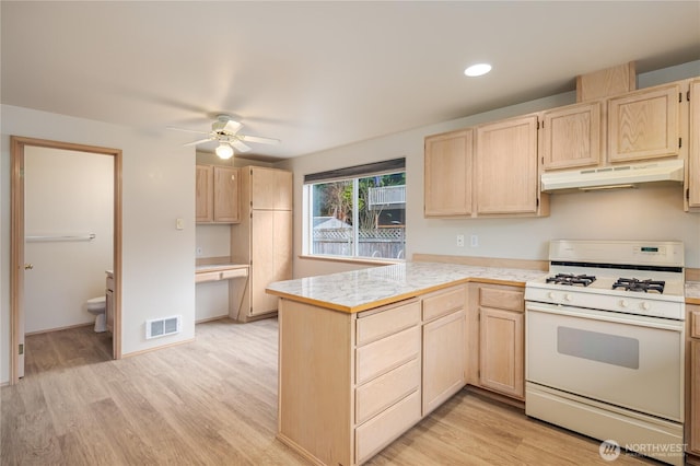 21312 87th Ave NE Unit 1 & 2, Arlington, WA 98223 - kitchen featuring white gas range oven, light brown cabinetry, under cabinet range hood, a peninsula, and light wood-style flooring