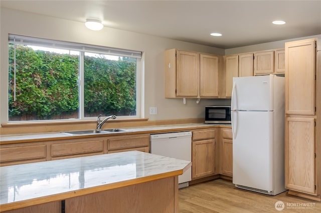 21312 87th Ave NE Unit 1 & 2, Arlington, WA 98223 - kitchen featuring white appliances, light brown cabinetry, light countertops, light wood-style flooring, and recessed lighting