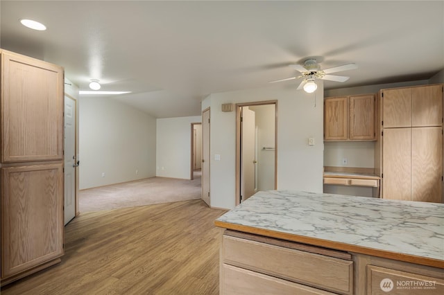 21312 87th Ave NE Unit 1 & 2, Arlington, WA 98223 - kitchen with a ceiling fan, light countertops, light brown cabinetry, and light wood-type flooring