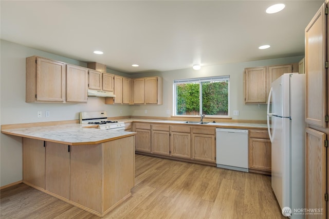 21312 87th Ave NE Unit 1 & 2, Arlington, WA 98223 - kitchen with white appliances, light brown cabinets, under cabinet range hood, a peninsula, and recessed lighting