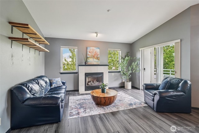 1707 NW 59th St Unit 302, Seattle, WA 98107 - living room with healthy amount of natural light, wood finished floors, lofted ceiling, and a fireplace