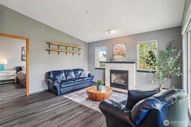 1707 NW 59th St Unit 302, Seattle, WA 98107 - living room with lofted ceiling, wood finished floors, plenty of natural light, and a tile fireplace