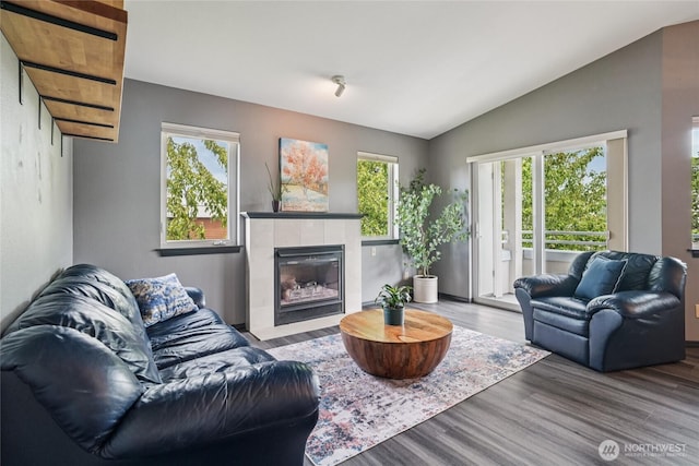 1707 NW 59th St Unit 302, Seattle, WA 98107 - living room featuring plenty of natural light, wood finished floors, a tiled fireplace, and lofted ceiling