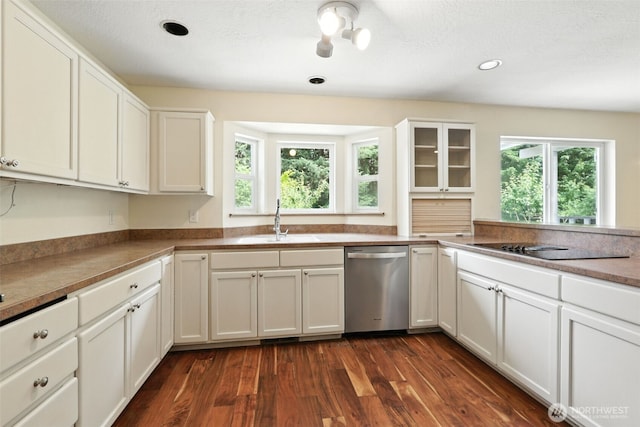116 Noble Rd, Winlock, WA 98596 - kitchen featuring dishwasher, plenty of natural light, dark wood-style floors, white cabinetry, and recessed lighting