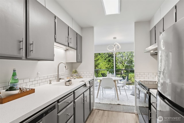 19414 Aurora Ave N Unit 203, Shoreline, WA 98133 - kitchen featuring appliances with stainless steel finishes, gray cabinetry, light wood-type flooring, and tasteful backsplash