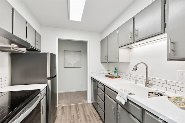 19414 Aurora Ave N Unit 203, Shoreline, WA 98133 - kitchen with gray cabinets, exhaust hood, and backsplash