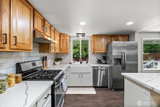 4011 65th Ave NW, Gig Harbor, WA 98335 - kitchen with stainless steel appliances, under cabinet range hood, healthy amount of natural light, dark wood-style floors, and recessed lighting