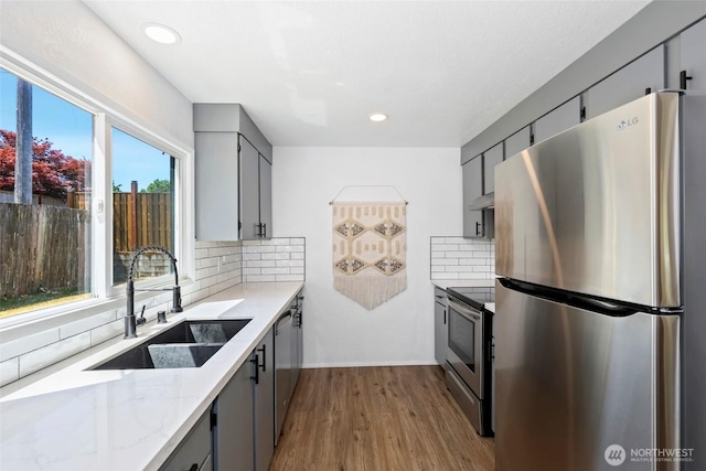 5128 N 48th St, Tacoma, WA 98407 - kitchen featuring stainless steel appliances, gray cabinets, wood finished floors, decorative backsplash, and recessed lighting