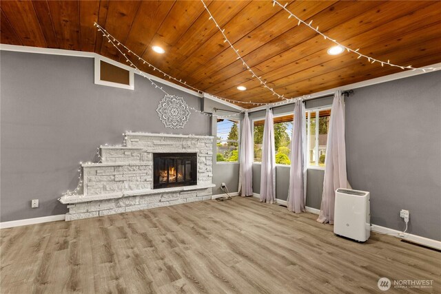 12027 78th Ave S, Seattle, WA 98178 - unfurnished living room featuring wood ceiling, wood finished floors, vaulted ceiling, a fireplace, and recessed lighting