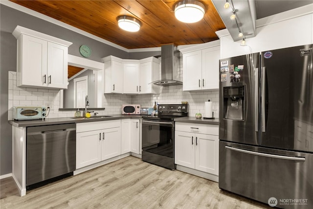 12027 78th Ave S, Seattle, WA 98178 - kitchen featuring appliances with stainless steel finishes, wall chimney exhaust hood, dark countertops, wood ceiling, and white cabinetry