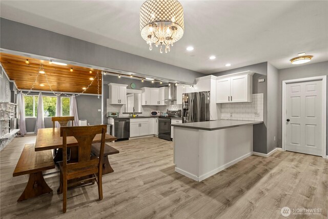 12027 78th Ave S, Seattle, WA 98178 - kitchen featuring appliances with stainless steel finishes, rail lighting, a chandelier, decorative backsplash, and recessed lighting