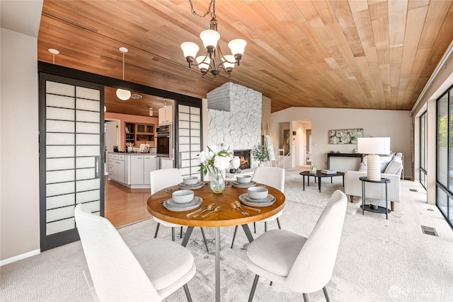 818 179th Pl NE, Bellevue, WA 98008 - dining space featuring wooden ceiling, a fireplace, a chandelier, light carpet, and vaulted ceiling