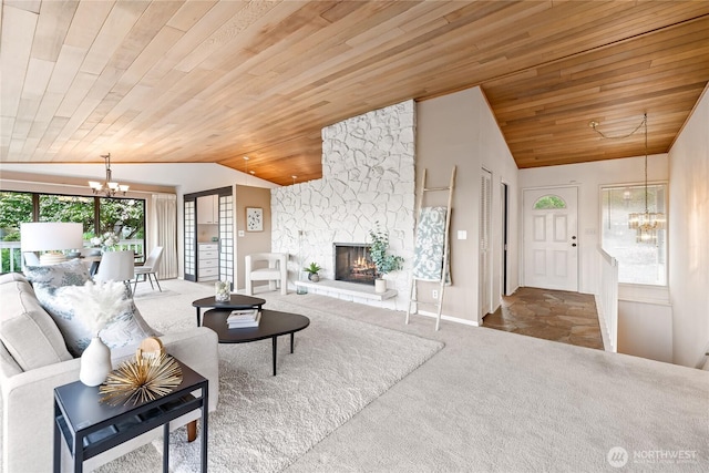 818 179th Pl NE, Bellevue, WA 98008 - living area with a chandelier, vaulted ceiling, wood ceiling, carpet flooring, and a fireplace