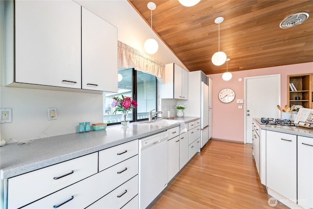 818 179th Pl NE, Bellevue, WA 98008 - kitchen featuring dishwasher, white cabinets, wooden ceiling, lofted ceiling, and pendant lighting