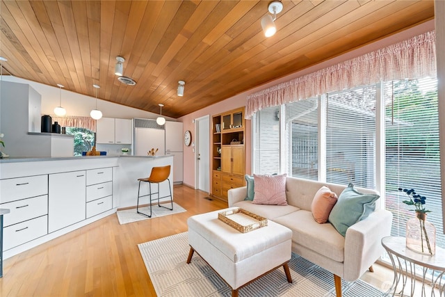 818 179th Pl NE, Bellevue, WA 98008 - living room with lofted ceiling, healthy amount of natural light, light wood-style floors, and wood ceiling