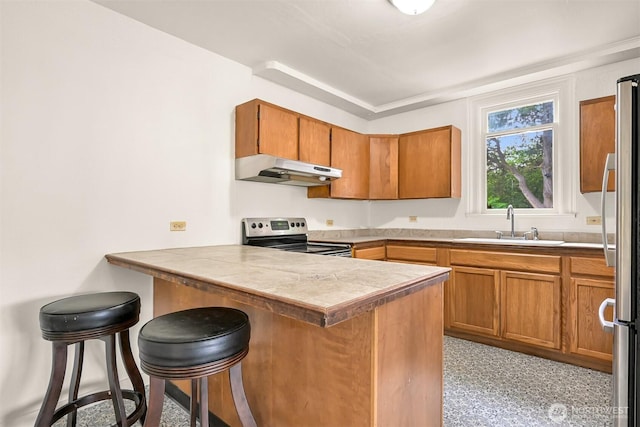 1609 F St, Bellingham, WA 98225 - kitchen featuring stainless steel appliances, under cabinet range hood, a peninsula, brown cabinets, and a kitchen breakfast bar