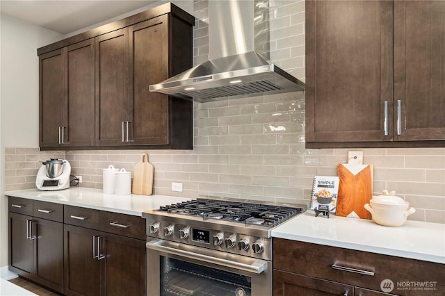10259 133rd Ct NE, Redmond, WA 98033 - kitchen featuring wall chimney range hood, high end stainless steel range oven, decorative backsplash, and light countertops