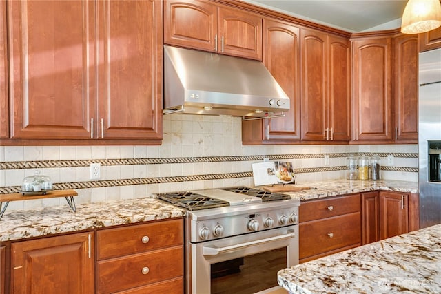 1425 S Sunset Dr, Tacoma, WA 98465 - kitchen featuring ventilation hood, high quality appliances, light stone countertops, decorative backsplash, and brown cabinetry