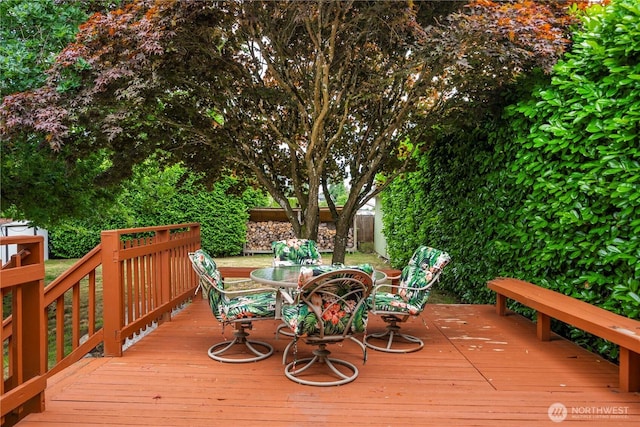 4209 S 297th Pl, Auburn, WA 98001 - wooden terrace featuring outdoor dining area and a fenced backyard