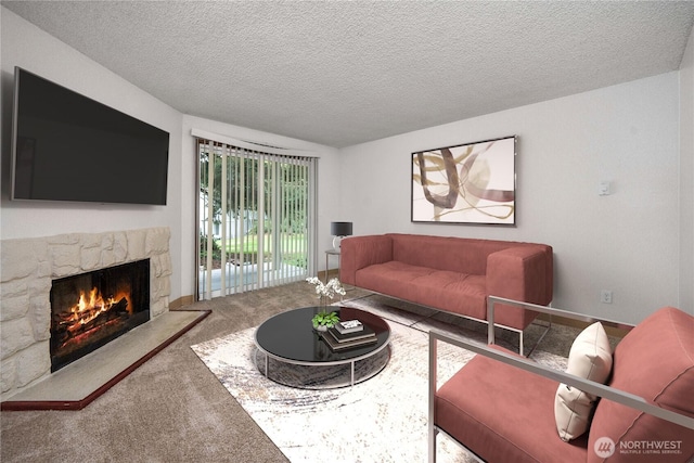 23 S 338th Pl, Federal Way, WA 98003 - carpeted living room with a stone fireplace and a textured ceiling
