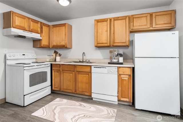 23 S 338th Pl, Federal Way, WA 98003 - kitchen with white appliances, under cabinet range hood, light countertops, and light wood finished floors