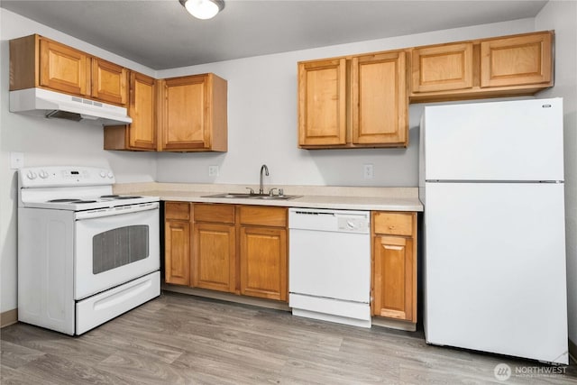 23 S 338th Pl, Federal Way, WA 98003 - kitchen with white appliances, under cabinet range hood, light countertops, light wood-type flooring, and brown cabinets