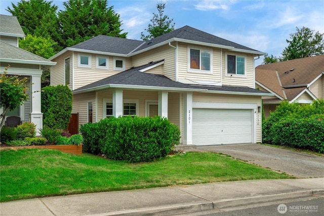 2101 62nd St SE, Auburn, WA 98092 - view of front of property with driveway, an attached garage, a front lawn, and a shingled roof