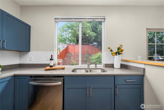 2101 62nd St SE, Auburn, WA 98092 - kitchen featuring stainless steel dishwasher, blue cabinets, and backsplash