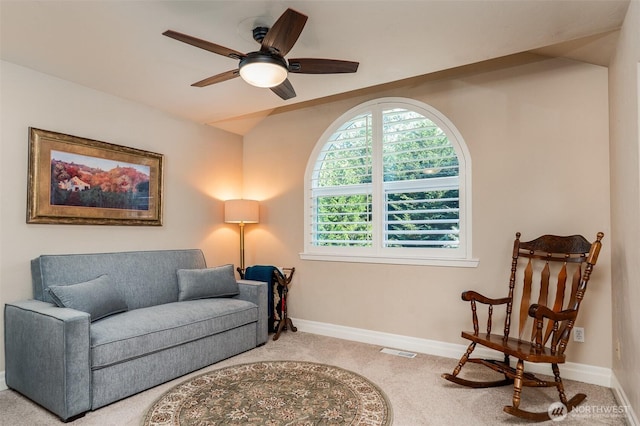 1122 36th Ave NE, Olympia, WA 98506 - living area with carpet floors, a ceiling fan, and vaulted ceiling