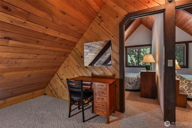 24302 Saddle St, Leavenworth, WA 98826 - carpeted office space featuring wood walls, lofted ceiling, healthy amount of natural light, and wooden ceiling