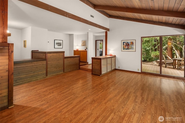 unfurnished living room with wood finished floors and wood ceiling
