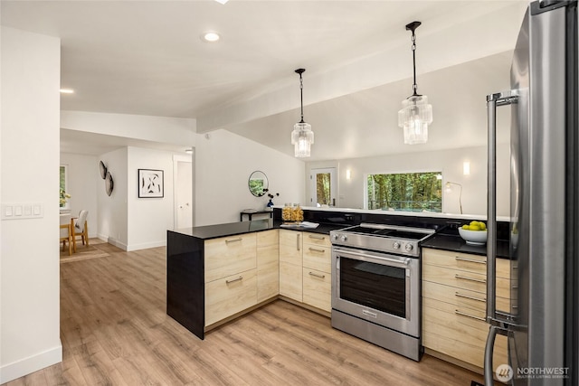 1524 Toe Jam Hill Rd NE, Bainbridge Island, WA 98110 - kitchen featuring appliances with stainless steel finishes, light brown cabinetry, dark countertops, light wood-type flooring, and hanging light fixtures