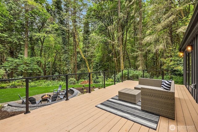 1524 Toe Jam Hill Rd NE, Bainbridge Island, WA 98110 - wooden terrace with an outdoor fire pit and a view of trees
