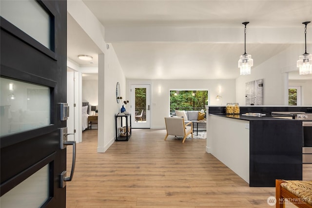 1524 Toe Jam Hill Rd NE, Bainbridge Island, WA 98110 - kitchen featuring light wood finished floors, dark countertops, decorative light fixtures, and open floor plan