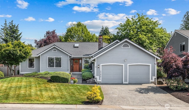 5040 Mill Pond Loop SE, Auburn, WA 98092 - ranch-style house featuring an attached garage, a front yard, driveway, a chimney, and a shingled roof