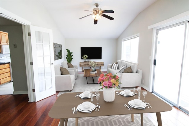 7014 S Fife St, Tacoma, WA 98409 - living room featuring vaulted ceiling, wood finished floors, and ceiling fan