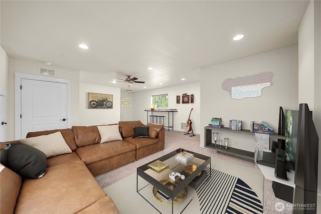 4119 72nd St E, Tacoma, WA 98443 - carpeted living area with recessed lighting and ceiling fan