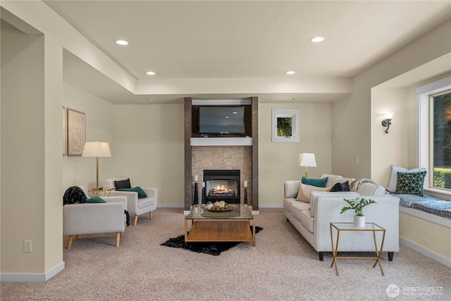 4119 72nd St E, Tacoma, WA 98443 - living room featuring carpet, healthy amount of natural light, a fireplace, and recessed lighting