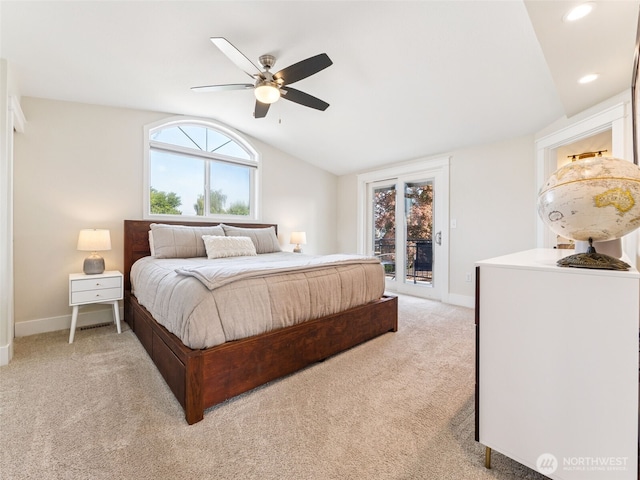 724 6th Ave SW, Puyallup, WA 98371 - bedroom featuring lofted ceiling, access to outside, light carpet, multiple windows, and ceiling fan