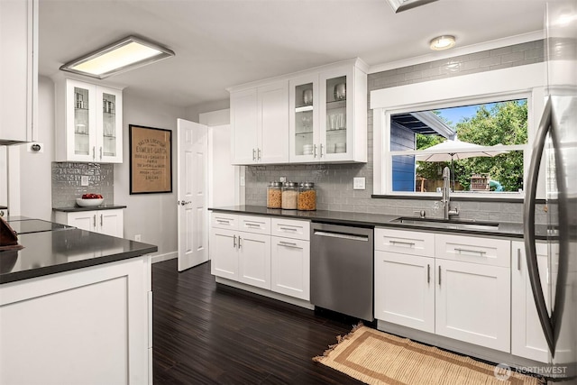 1321 Kossuth Ave, Everett, WA 98203 - kitchen with stainless steel appliances, dark countertops, white cabinetry, and backsplash